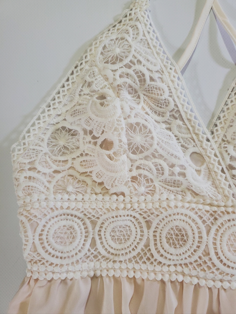🟢2645 * Umbranded Boho Crochet Lace Ruffle Mini Dress White Pink Size Unknown - Picture 5 of 14